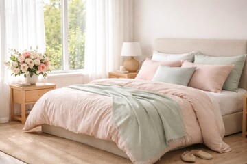 Fototapeta premium Calm and bright bedroom setup with pastel colored bedding and fresh flowers on bedside table enhancing sleep