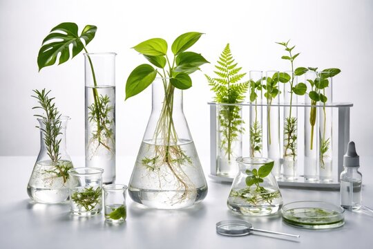 Various plants showcased in clear glass lab vessels on a white studio backdrop