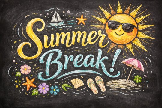 Handwritten summer break text accompanied by sun image on chalkboard
