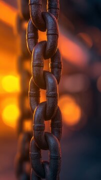 A close-up view of a metallic chain highlighted by a warm, blurred background glow
