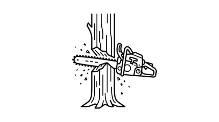 Black and white line art illustration of a chainsaw cutting a tree trunk. © Labib_Haqqun