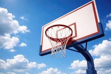 Naklejka premium Sports design concept showing a basketball hoop against a vivid blue sky with fluffy clouds and text space