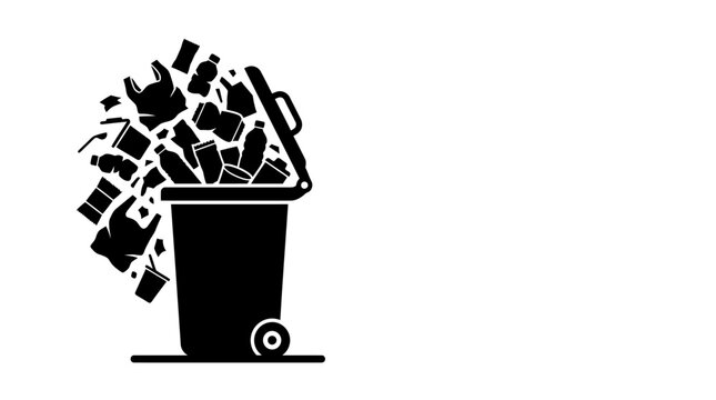 Black silhouette icon of a trash can overflowing with garbage.