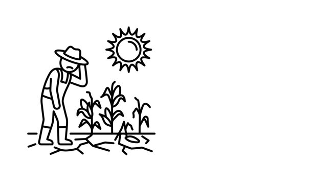 A worried farmer standing in a dry drought stricken corn field.