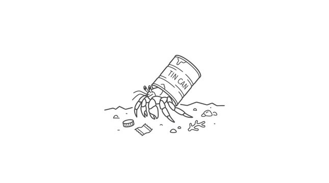 A line drawing of a hermit crab using a tin can as a shell on the beach.