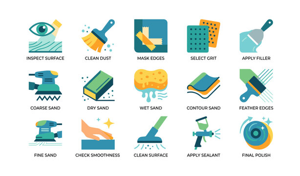 Surface preparation and sanding steps shown as icons