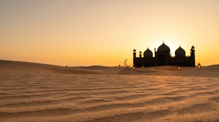 Fototapeta premium Majestic mosque silhouette rising from vast desert dunes under a warm, glowing sunset.