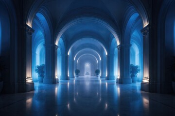 Fototapeta premium Illuminated architectural area with arches and a calm blue atmosphere