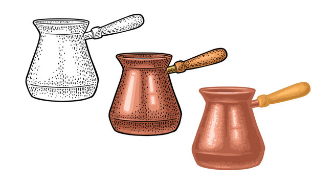 Turkish copper coffee pot. Vintage color vector engraving illustration for label, web. Isolated on white background. Hand drawn sketch style.