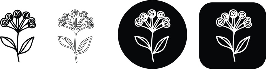 Branch with berries set black and white outline and filled berry plant botanical nature © SilhouetteStore