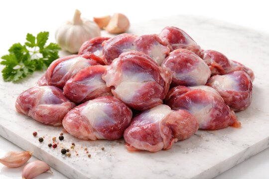 White background showcasing raw chicken gizzards for cooking