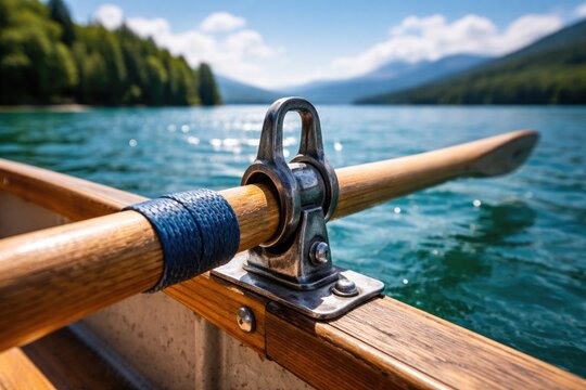 Metal oarlock gripping oar firmly on boat with clear blue lake under summer sun