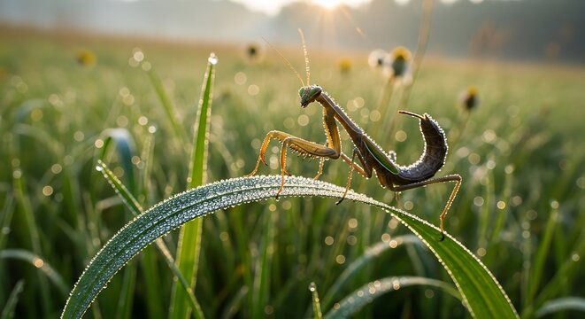 Praying Mantis on Dewy Grass Blade in Morning Sunlight