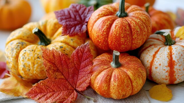 Assortment of colorful gourds and pumpkins arranged with autumn leaves