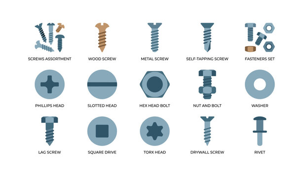 Screw and fastener icons showing types and head styles for hardware