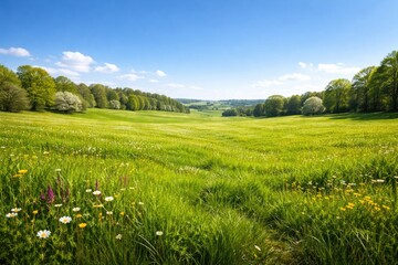 Obraz premium Scenic spring meadow panorama with fresh green grass and tranquil blue sky
