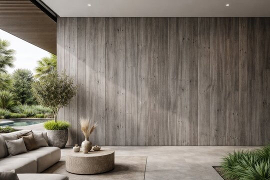 Indoor and outdoor design concept featuring wide-angle gray wooden plank texture wall backdrop