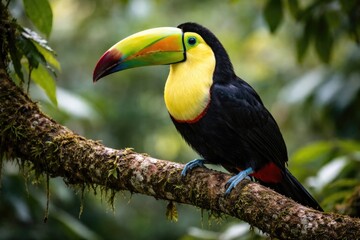 Naklejka premium Striking toucan with prominent yellow throat sitting on tree limb