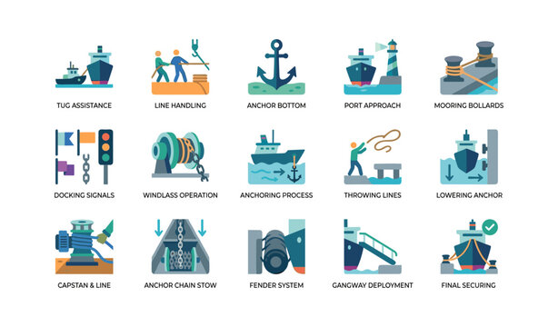 Maritime port icons showing mooring and anchoring operations