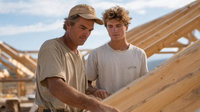 Seasoned timber framer and young apprentice align a cathedral roof truss on a rural residential build site at golden hour, sawdust catching warm light as both workers study the ridge board connectio