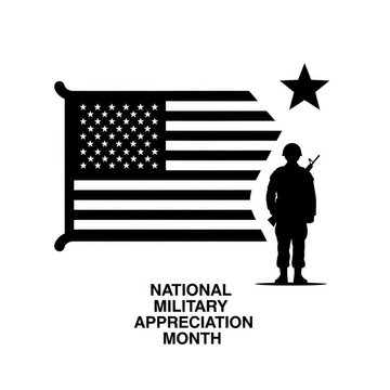 Silhouette of soldier with rifle against American flag for National Military Appreciation Month