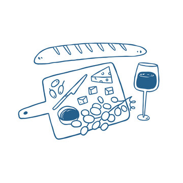 Hand drawn composition with food, snacks, drinks. Eating outside, outdoor dinner, picnic invitation.