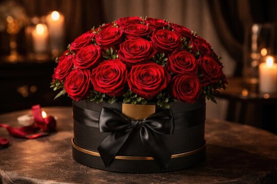 Red rose bouquet elegantly placed in a modern black hat box for special romantic moments