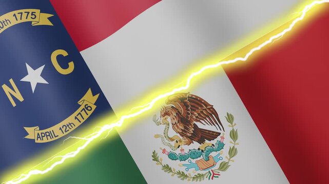 Two waving flags USA State of North Carolina and Mexico with diagonal lightning seamless, 4k loop