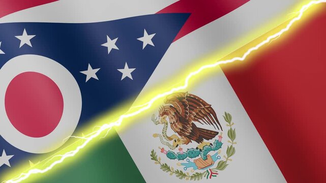 Two waving flags USA State of Ohio and Mexico with diagonal lightning seamless, 4k loop