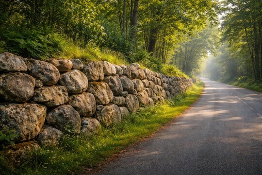 Rugged stone boulder retaining wall beside a serene country road with abundant greenery around