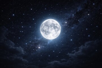 Fototapeta premium Vast nightscape showing a luminous full moon surrounded by twinkling stars