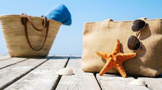 Beach bags and starfish on wooden pier with ocean view and blue sky.
