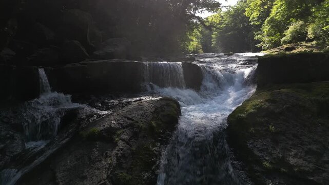 Shijusanman Waterfall, Kikuchi Gorge Japan | Top 100 Waterfalls, Fresh Green Forest and Clear Stream Reflection Aerial Drone Background