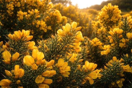 Intense view of golden gorse flowers thriving in full bloom