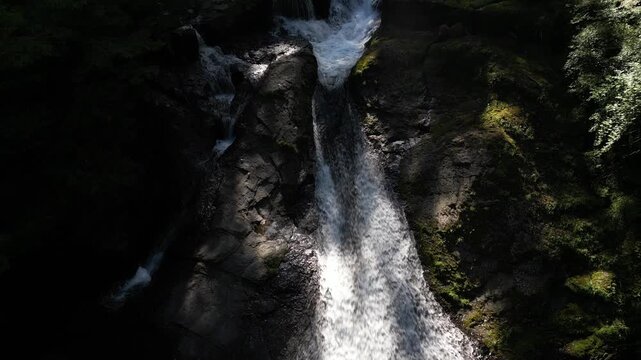 Shijusanman Waterfall, Kikuchi Gorge Japan | Top 100 Waterfalls, Fresh Green Forest and Clear Stream Reflection Aerial Drone Background