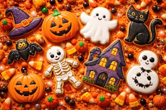 Festive Halloween cookie collection laid out on a glowing orange background with candy toppings and decorative touches