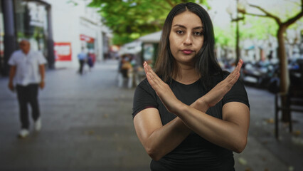 Fototapeta premium Woman making arms crossed x gesture with fingers pointed, palms visible on a busy city street by outdoor cafe; rejection boundary.