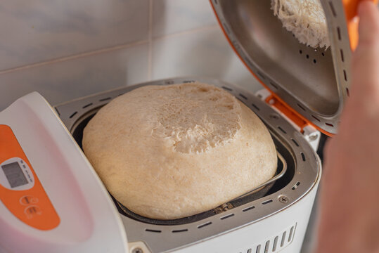 Closeup photo of hand opening breadmaking machine with bread yeast dough. Homemade dough overflowed in bread maker, lid lifted to show volume