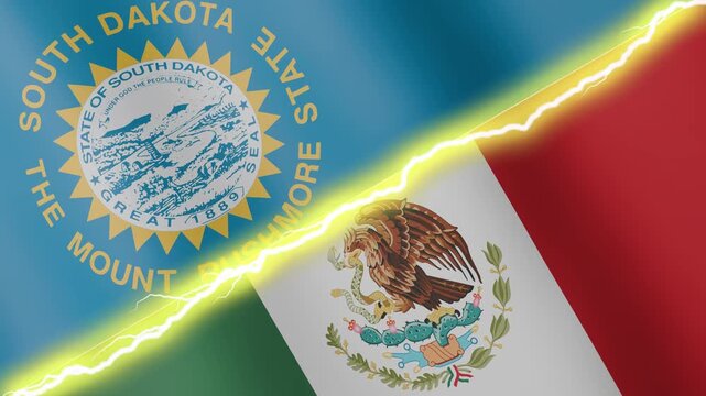Two waving flags USA State of South Dakota and Mexico with diagonal lightning seamless, 4k loop