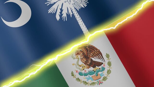 Two waving flags USA State of South Carolina and Mexico with diagonal lightning seamless, 4k loop