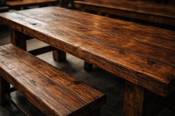 Fototapeta premium Close perspective on a textured brown wooden table and bench seating
