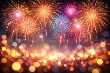 Fototapeta premium Bright celebratory fireworks illuminated against a shimmering bokeh backdrop with room for messages