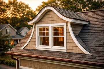 Obraz premium Residential neighborhood attic with Dutch roof gable featuring tan shake siding and white framed double hung windows