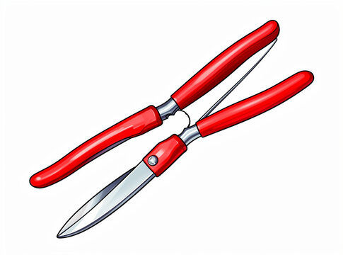 Red-handled pruning shears with metallic blades. Tool for garden maintenance and plant shaping. Simple, clean design for professional or DIY use. Ideal for trimming shrubs, hedges, or branches