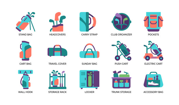 Golf bag icons showing equipment and storage on white grid