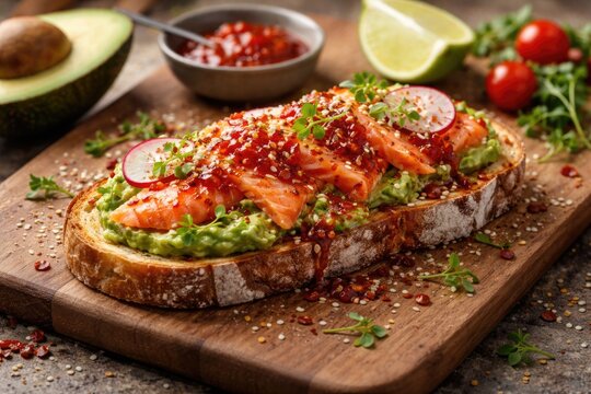 Wholesome salmon avocado toast featuring chili jam on natural wood board