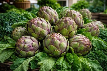 Fototapeta premium Vibrant globe artichokes nestled among leafy greens at an organic market stand