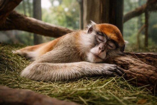 Patas monkey resting peacefully inside a zoo animal exhibit