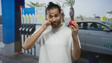 Man holding red apple pinches nose with fingers near parked car at street petrol station forecourt  uncertainty. © Krakenimages.com