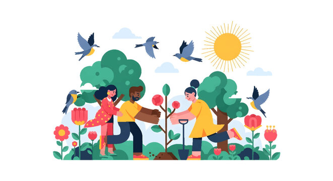 Community garden concept with diverse people planting trees and flowers, working together to protect nature and promote sustainability. Eco-friendly flat illustration.